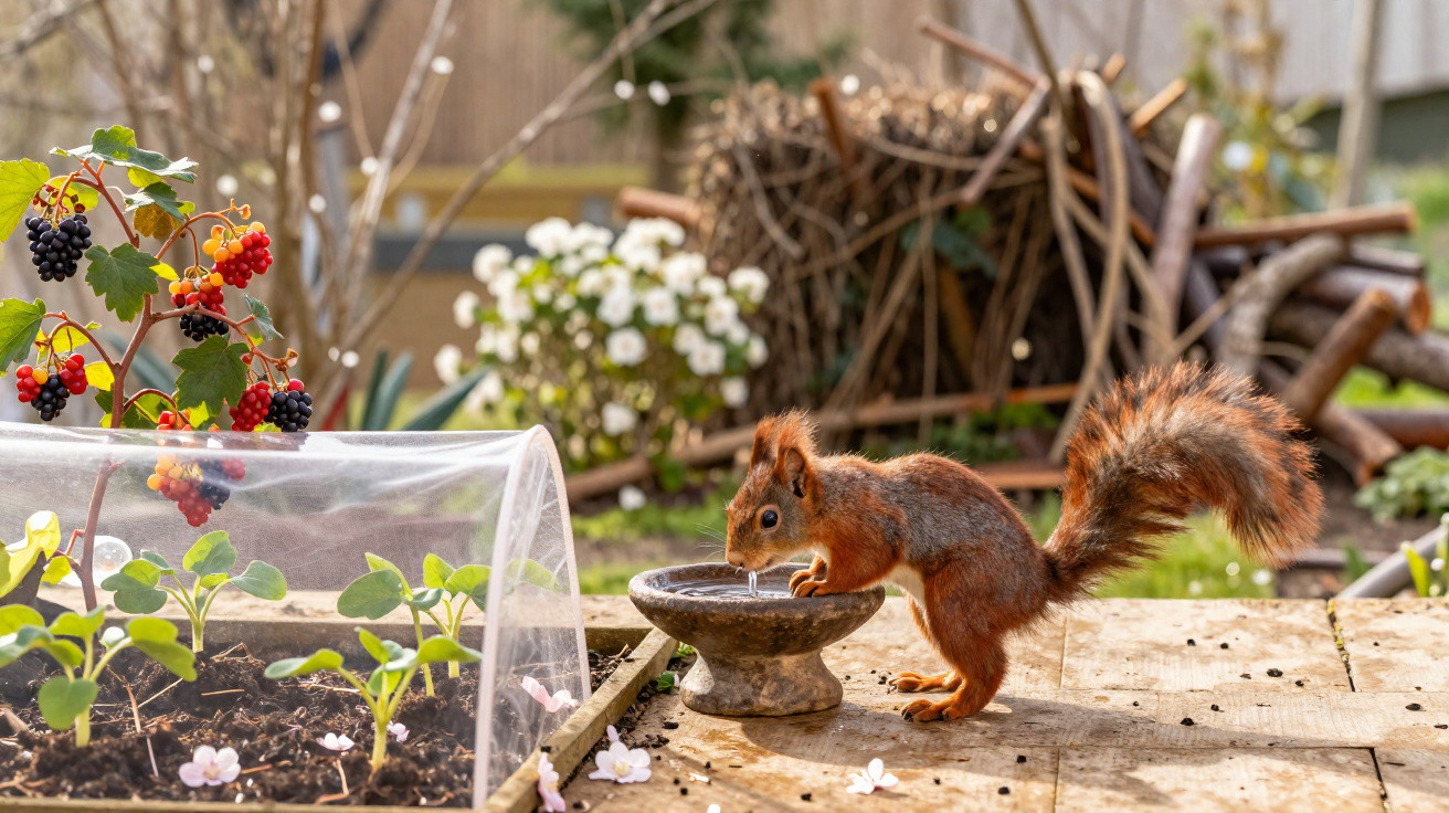 Esquilo bebendo água de um recipiente no jardim com plantas e flores ao redor.