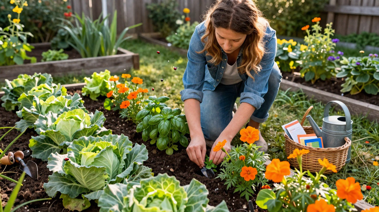 Mulher cuidando de plantas e flores em horta caseira com regador e cesta ao lado.