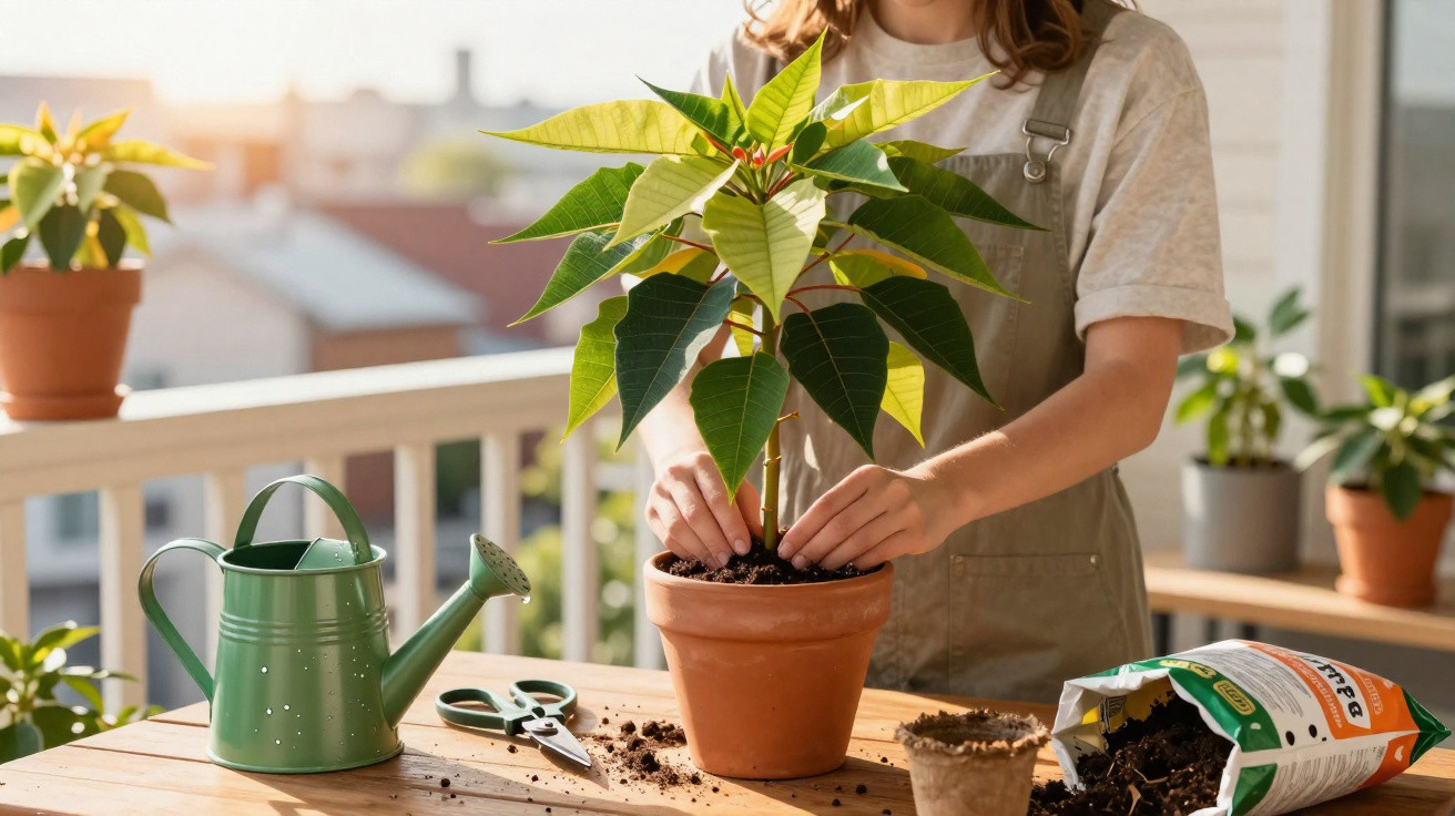 Pessoa cuidando de planta em vaso de barro em varanda iluminada, com regador, tesoura e terra ao redor.