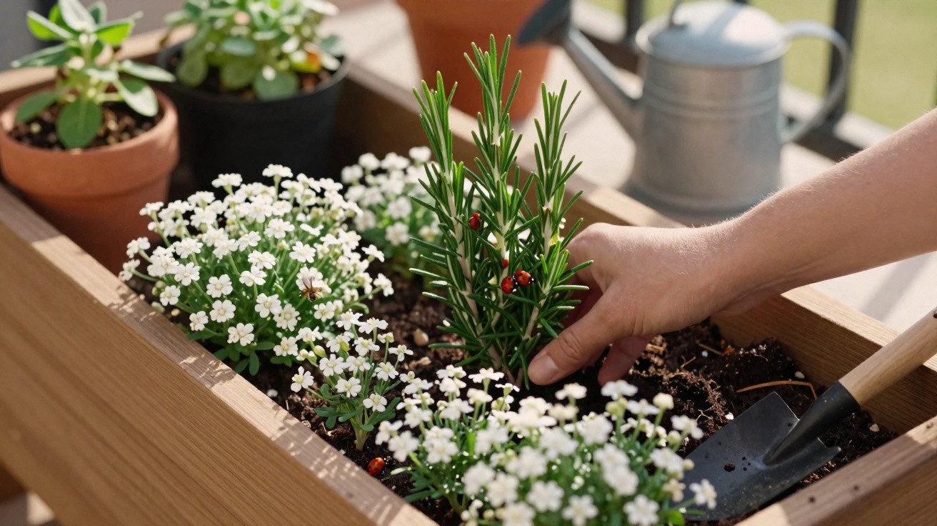 Mão transplantando planta com flores brancas em canteiro de madeira ao lado de regador e vasos.