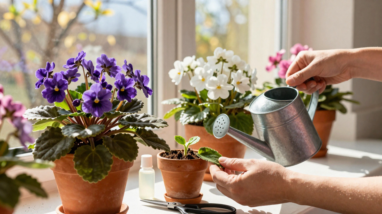 Mãos regando muda de planta em vaso de barro próximo a janelas com violetas brancas e roxas.