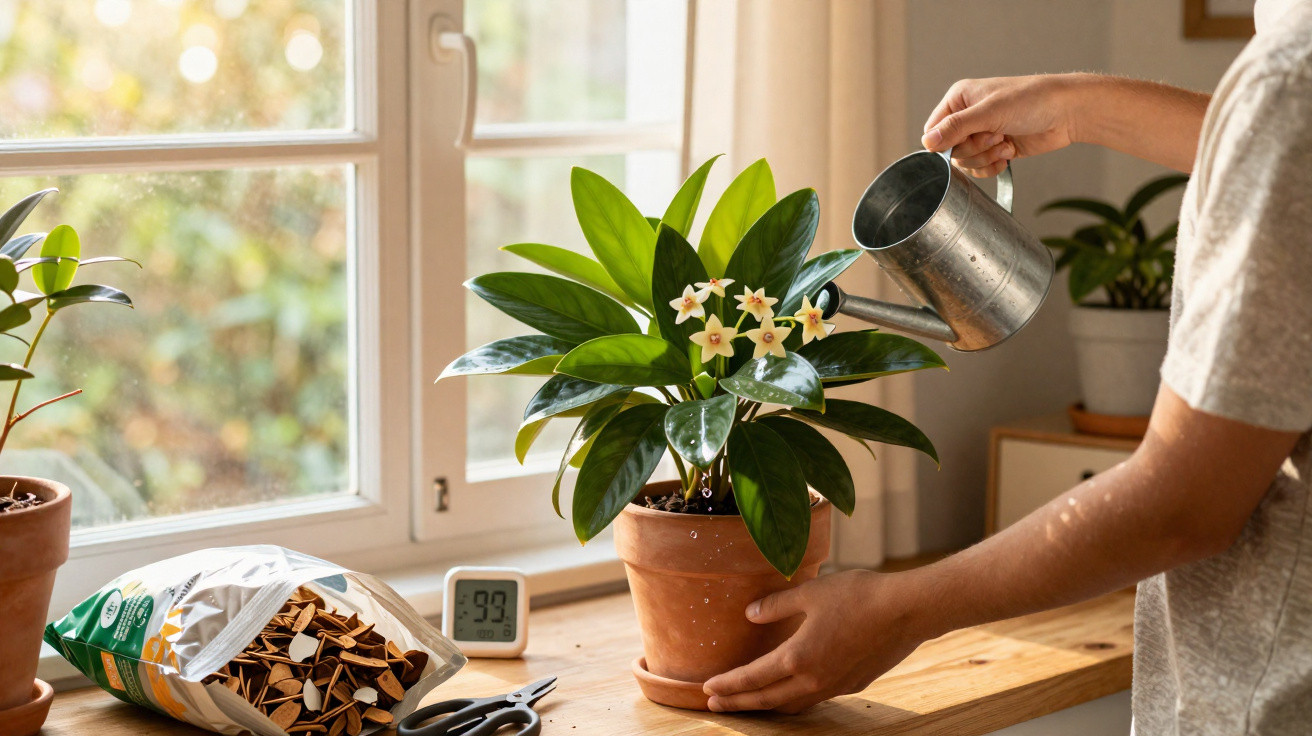 Pessoa regando planta com flores brancas em vaso de cerâmica sobre mesa de madeira perto de janela.
