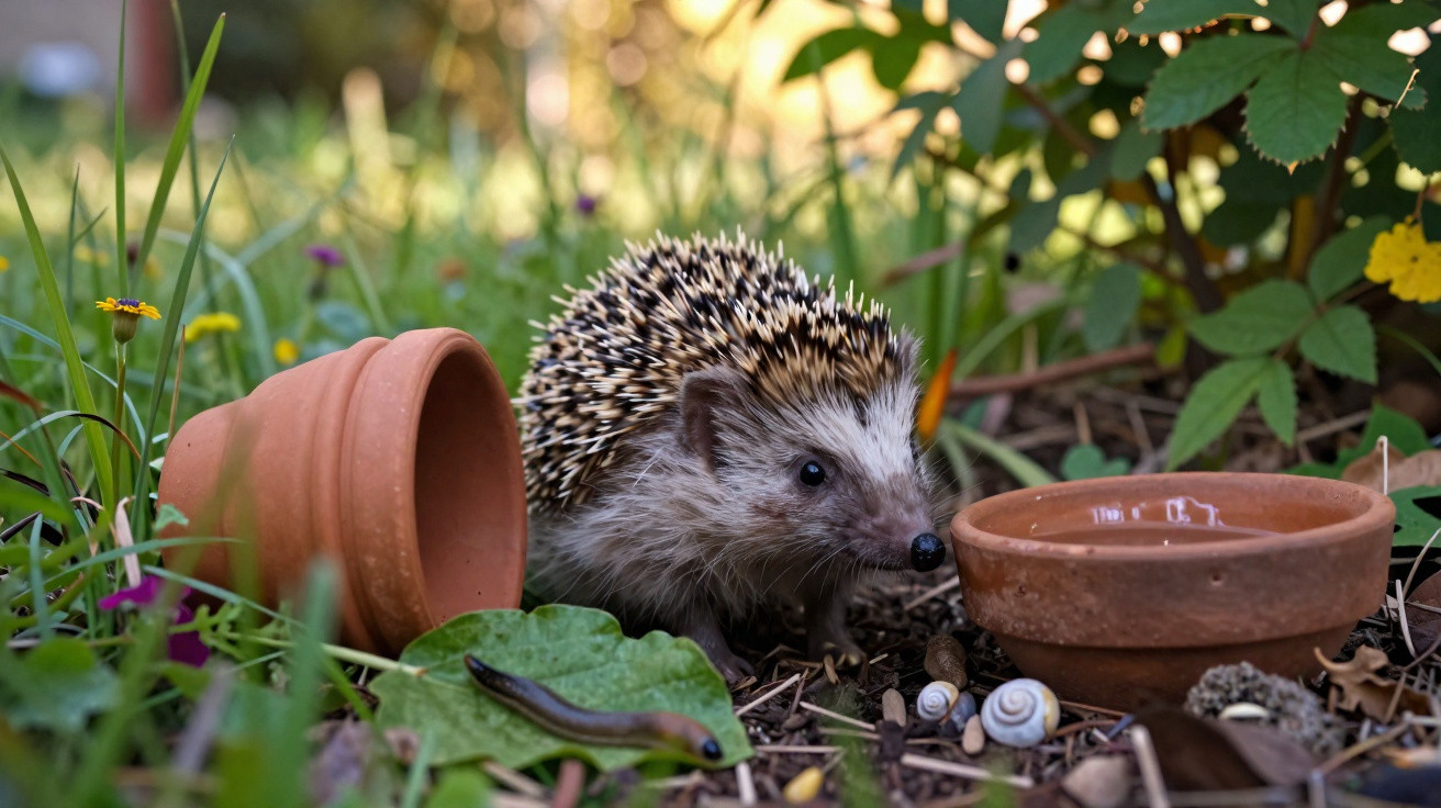 Ouriço-cacheiro ao lado de vaso de cerâmica e pratinho com água em jardim com plantas e caracóis.