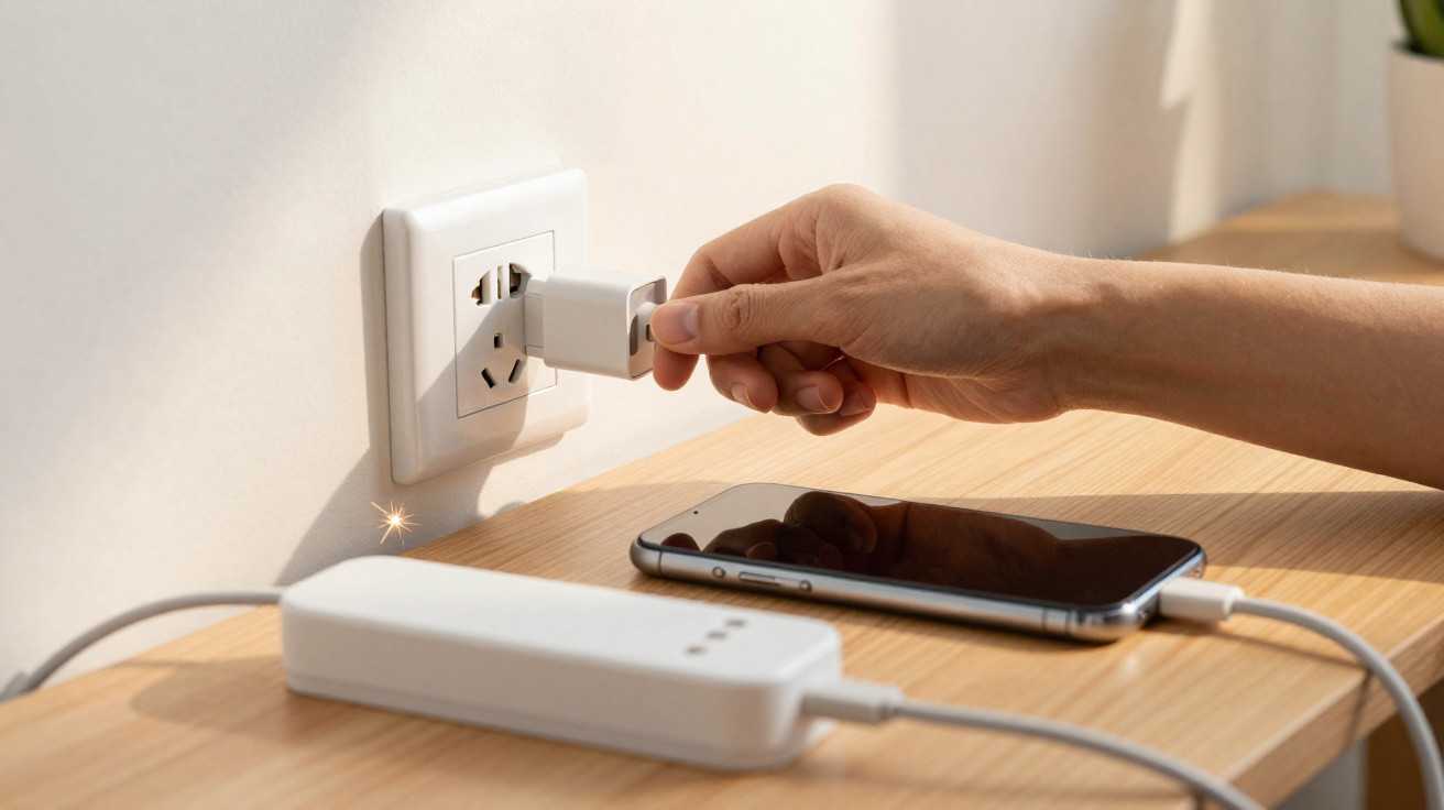 Mão conectando cabo USB em tomada, com celular e carregador em superfície de madeira ao lado.