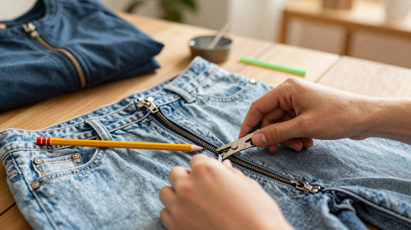 Mãos usando alicate para consertar zíper de calça jeans azul sobre mesa de madeira.