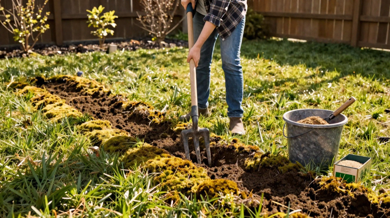 Pessoa usando ferramenta de jardinagem para preparar solo em canteiro com terra e musgo no quintal ensolarado.