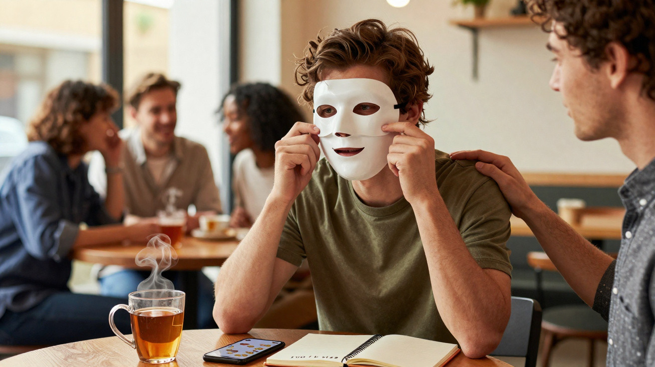 Homem em café tirando máscara branca do rosto enquanto amigo o consola, com grupo conversando ao fundo.
