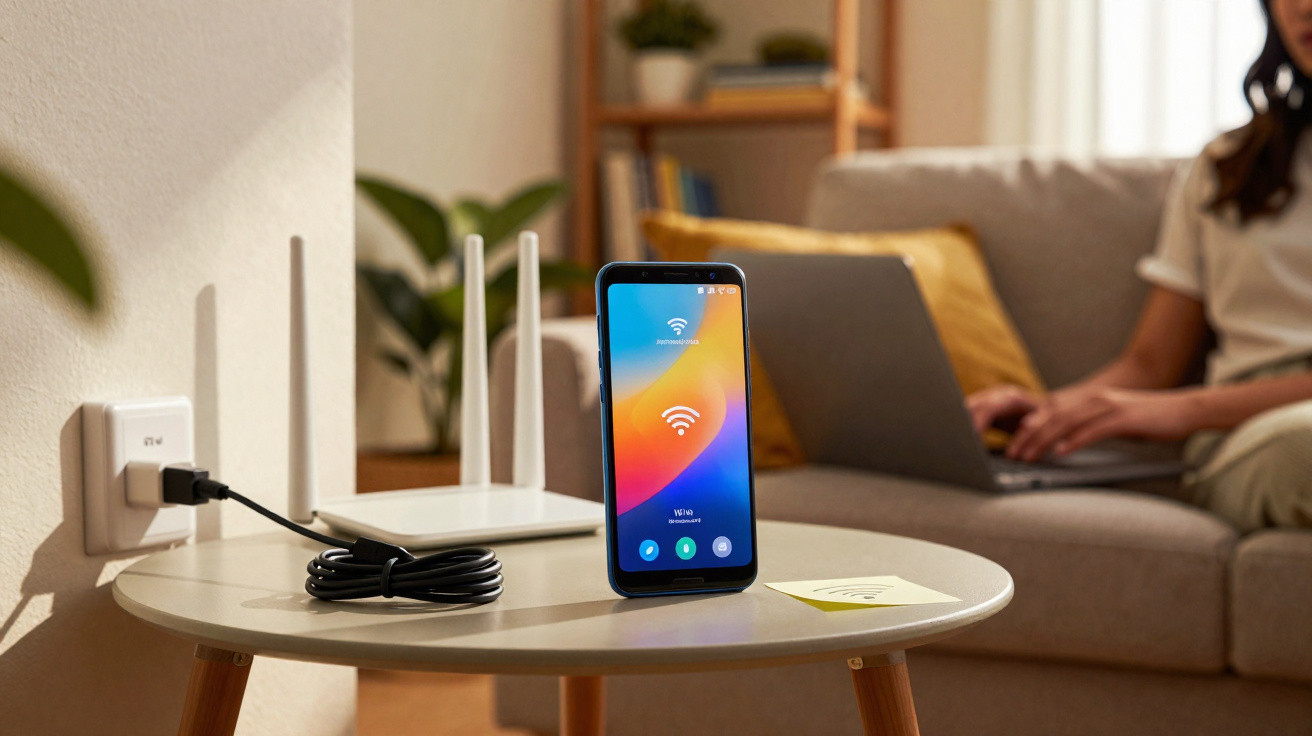 Smartphone mostrando conexão Wi-Fi em mesa com roteador e pessoa usando laptop no sofá ao fundo.