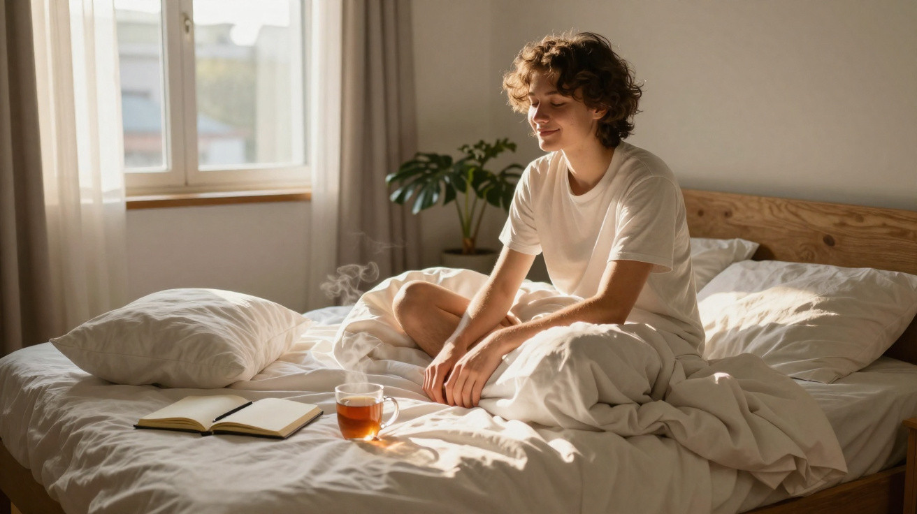 Jovem sentado na cama branca com xícara de chá e livro aberto ao lado em quarto iluminado pelo sol.