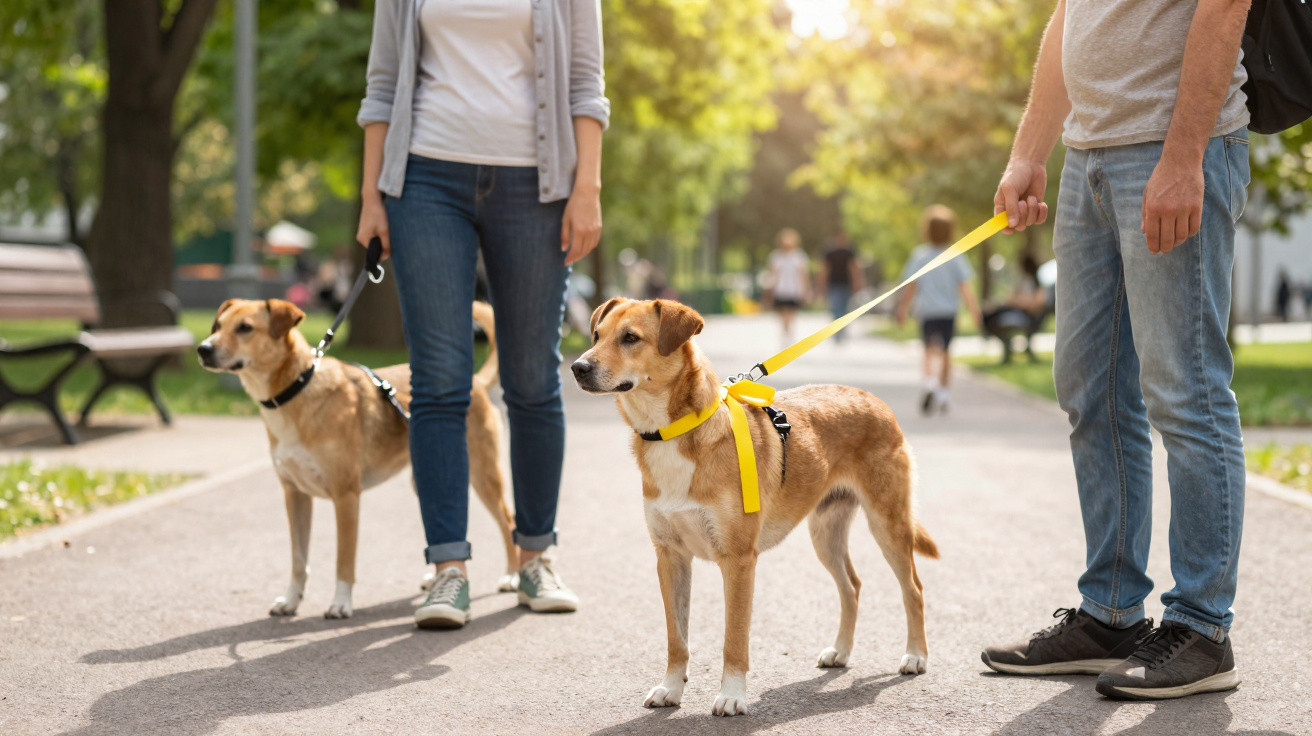 Duas pessoas passeando com seus cães marrons em coleiras no parque em dia ensolarado.