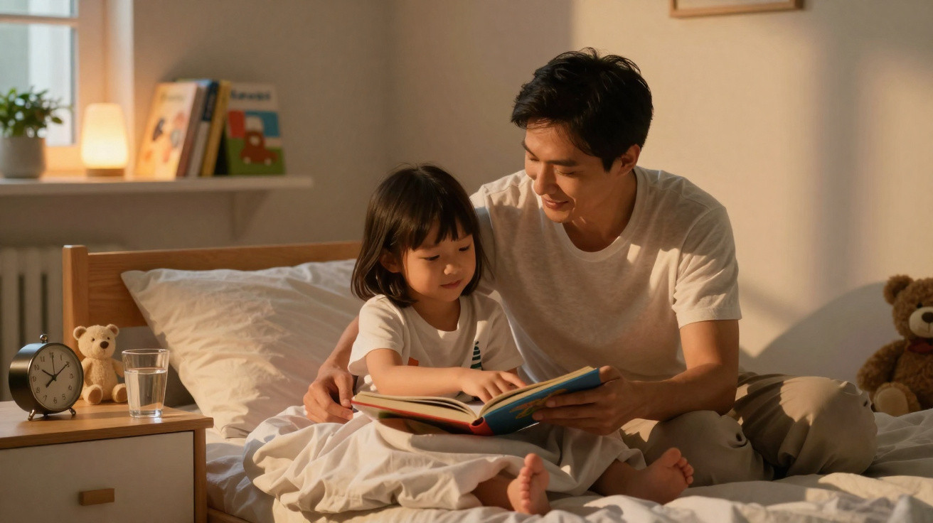 Pai e filha sentados na cama lendo um livro juntos em um ambiente acolhedor e iluminado.