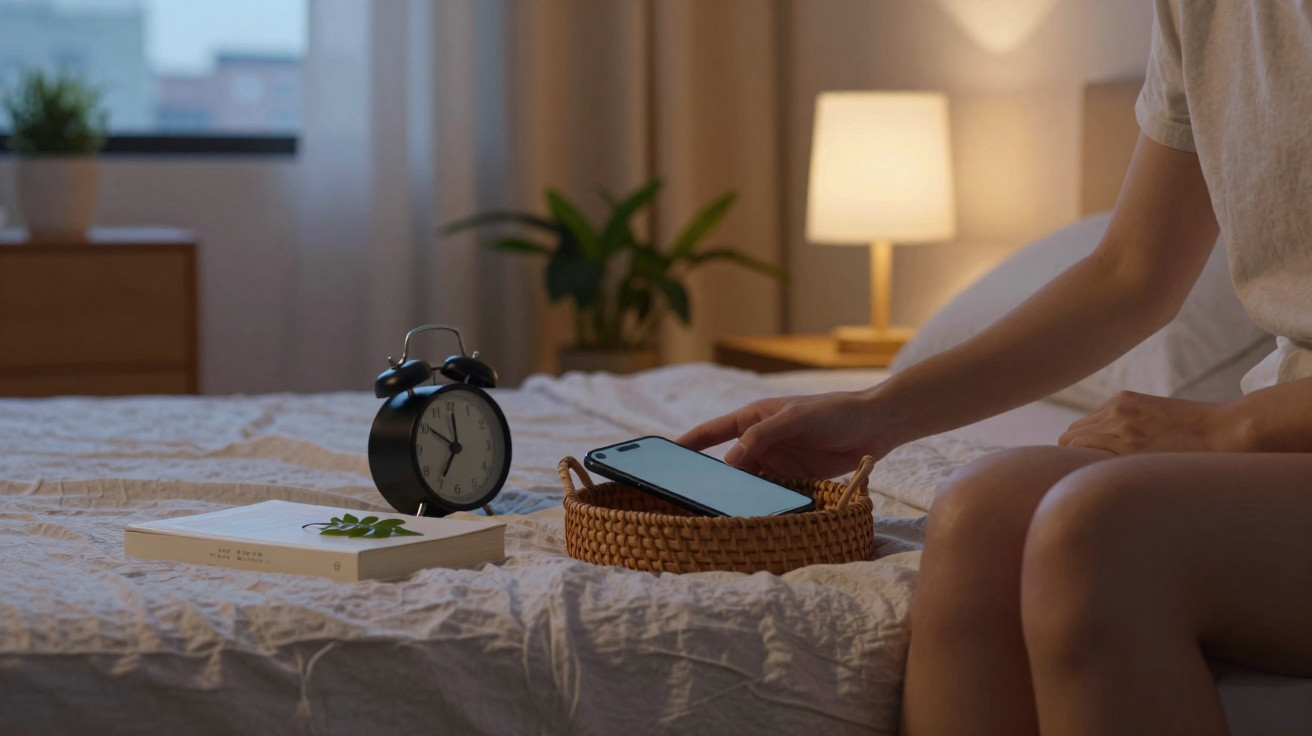 Pessoa sentada na cama, segurando um celular sobre uma cesta, com relógio e livro na cama ao lado.