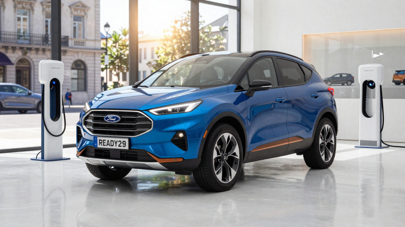 Carro elétrico azul da Ford estacionado em showroom moderno com estações de recarga ao lado.