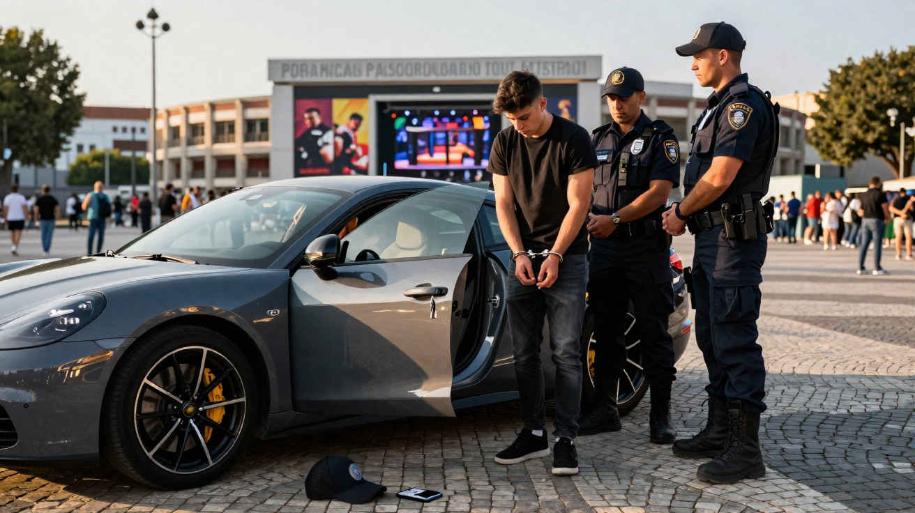 Homem algemado ao lado de carro esportivo é revistado por dois policiais em área pública movimentada.