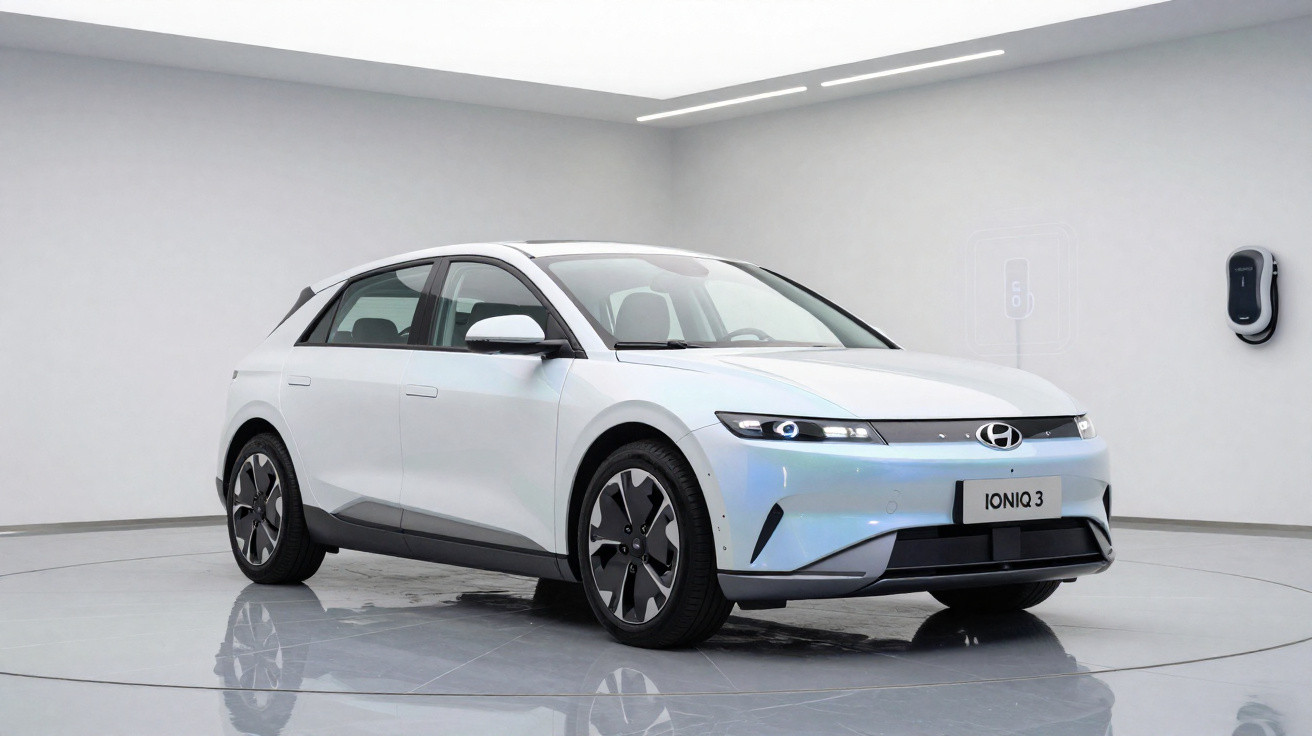 Carro elétrico branco Hyundai Ioniq 3 estacionado em ambiente minimalista interno com carregador na parede.