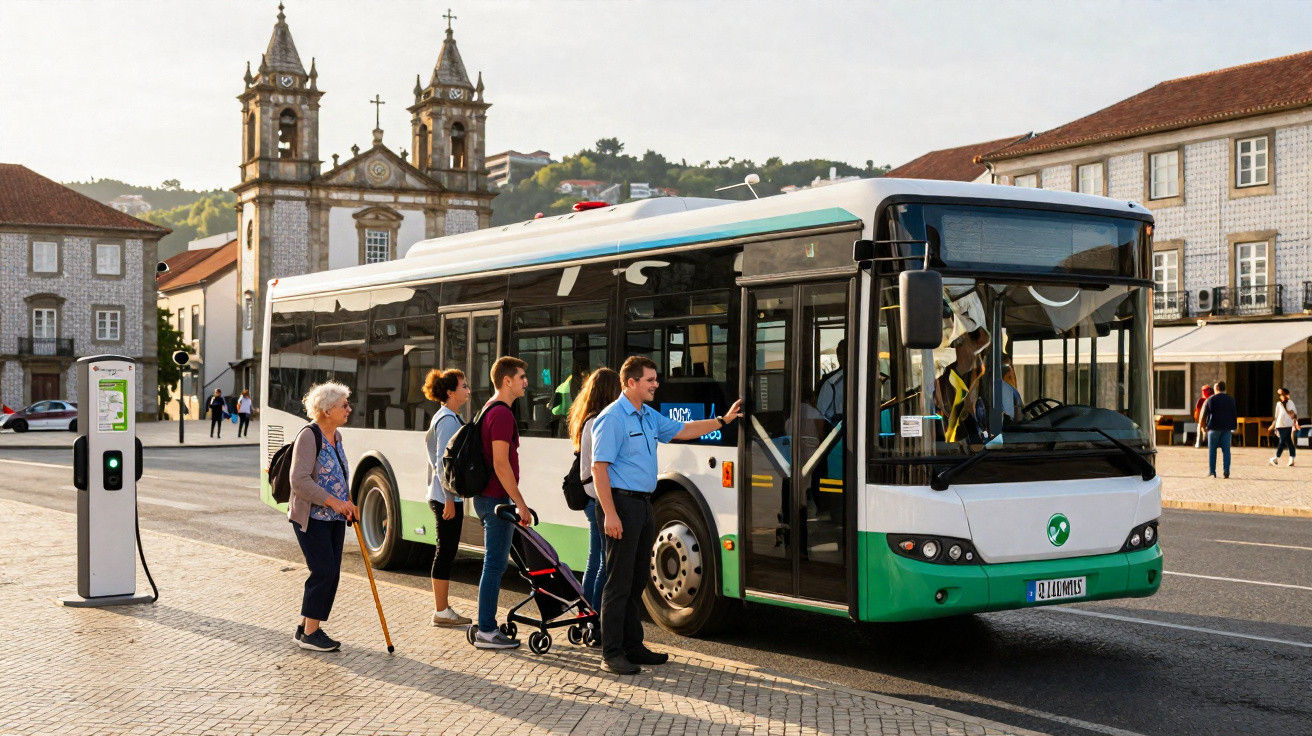 Pessoas embarcando em ônibus elétrico em parada de rua com igreja histórica ao fundo em dia ensolarado.