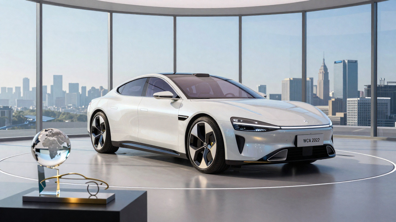 Carro elétrico branco moderno em exposição no showroom com vista panorâmica da cidade ao fundo.