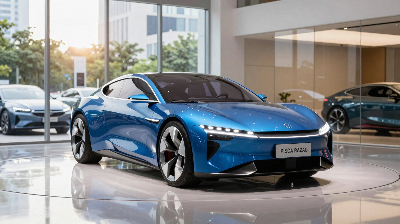 Carro esportivo elétrico azul exibido em showroom moderno com iluminação natural e refletindo no piso polido.