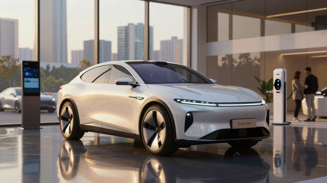 Carro elétrico branco futurista estacionado em showroom com prédio de cidade ao fundo e estação de carregamento.