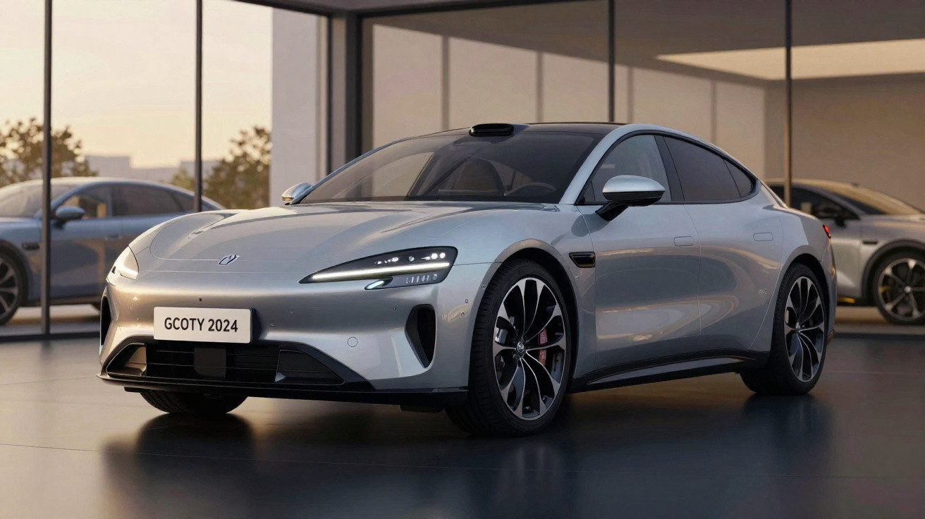 Carro esportivo elétrico prata estacionado em showroom com teto solar e luzes diurnas acesas.