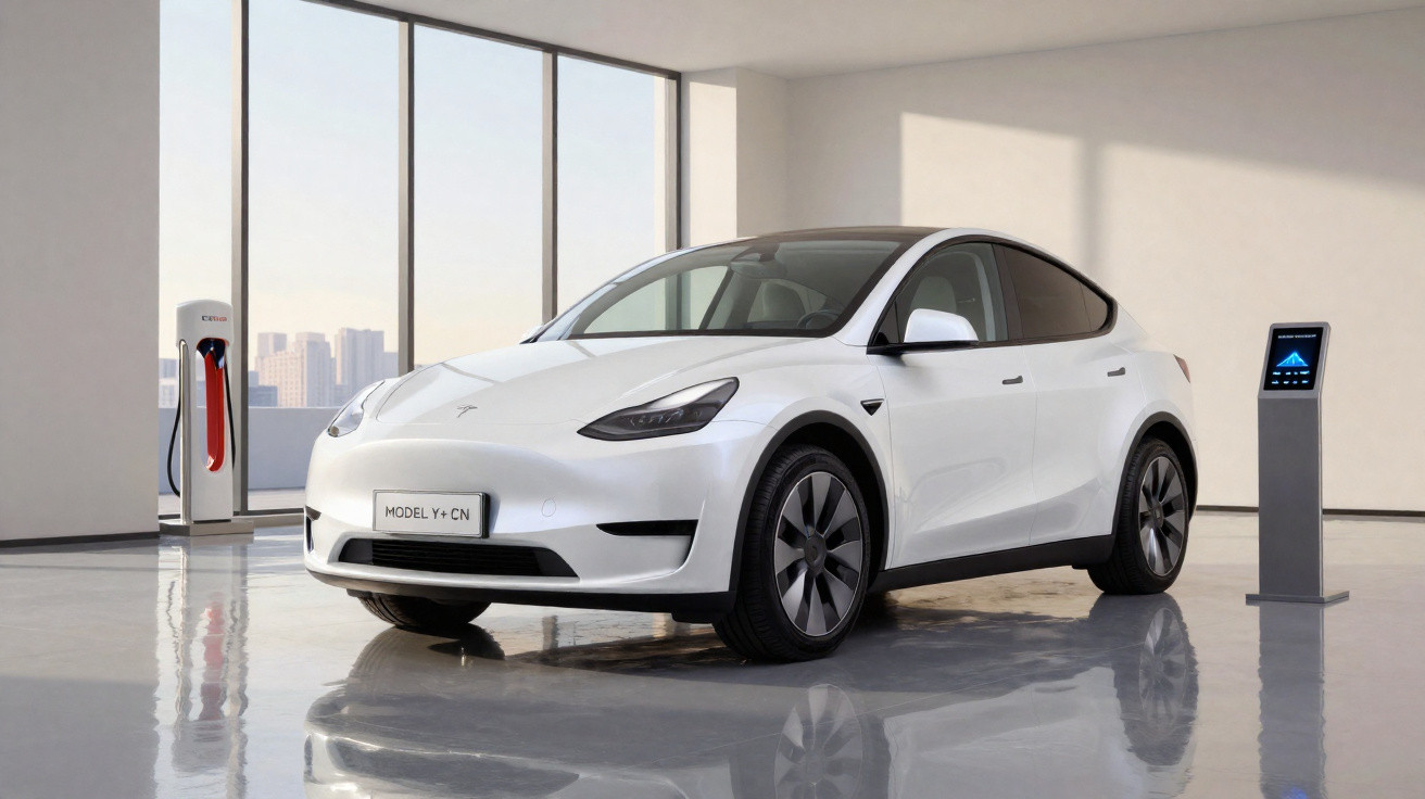 Carro elétrico branco Tesla Model Y estacionado em garagem com carregador e painel digital próximo.
