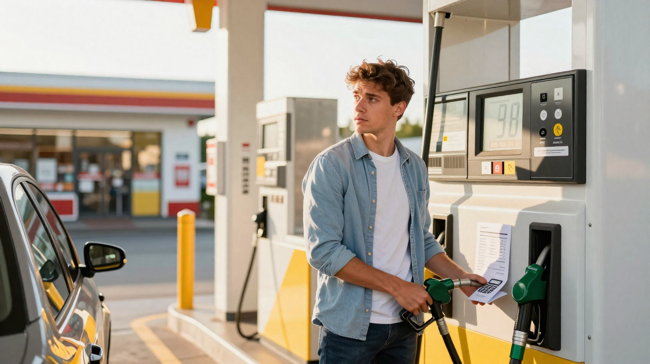 Jovem abastecendo carro em posto de combustível, segurando nota fiscal e olhando para o lado.