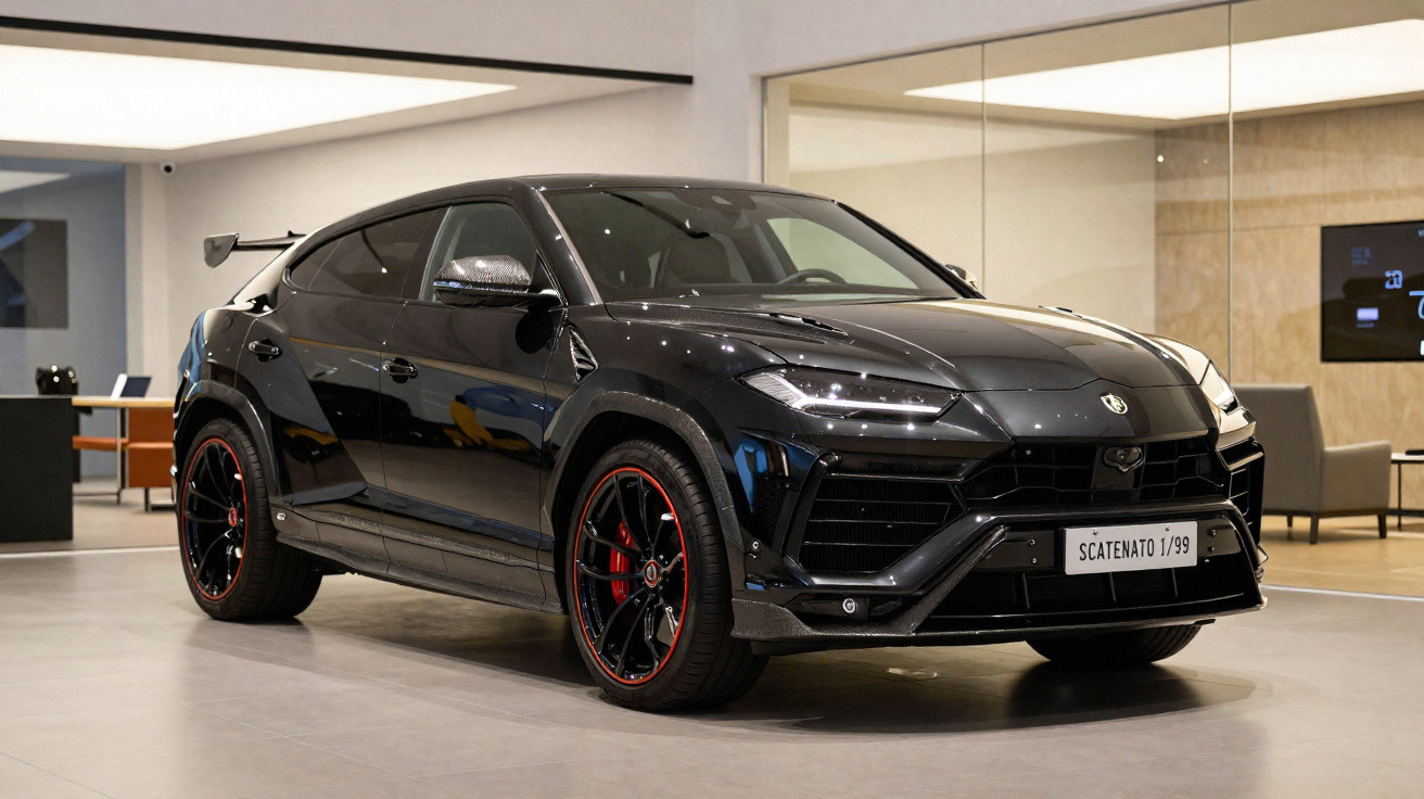 SUV preto Lamborghini Urus Scatenato em showroom moderno com rodas pretas e detalhes vermelhos.