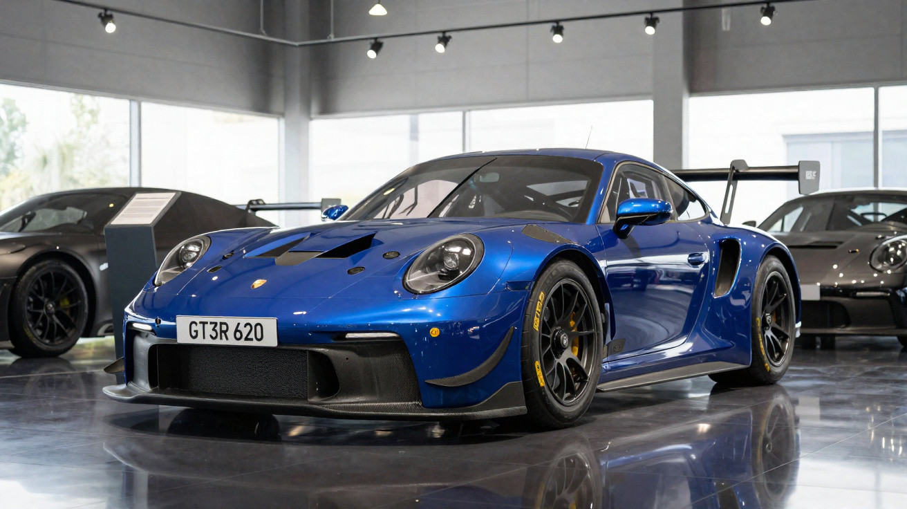 Carro esportivo azul com placa GT3R 620 em exposição em ambiente moderno com piso refletivo.