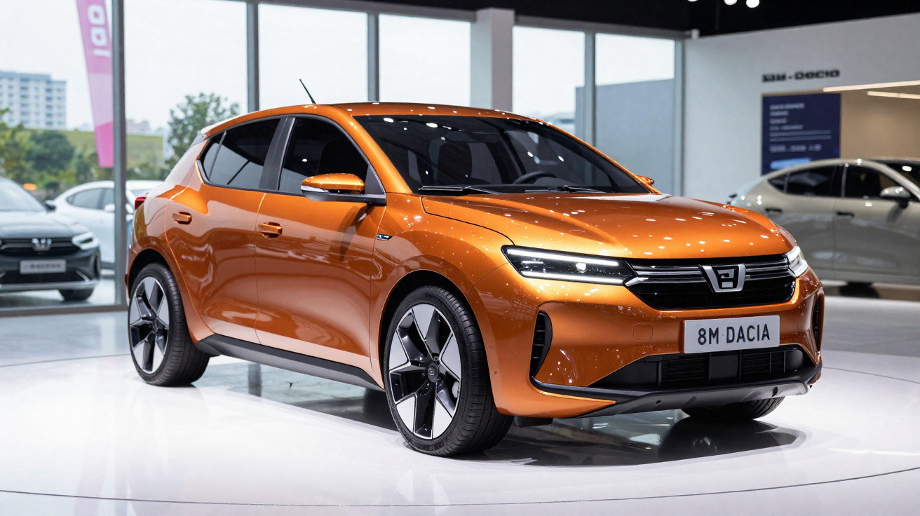 Carro hatchback Dacia laranja metálico exibido em plataforma branca dentro de showroom moderno.