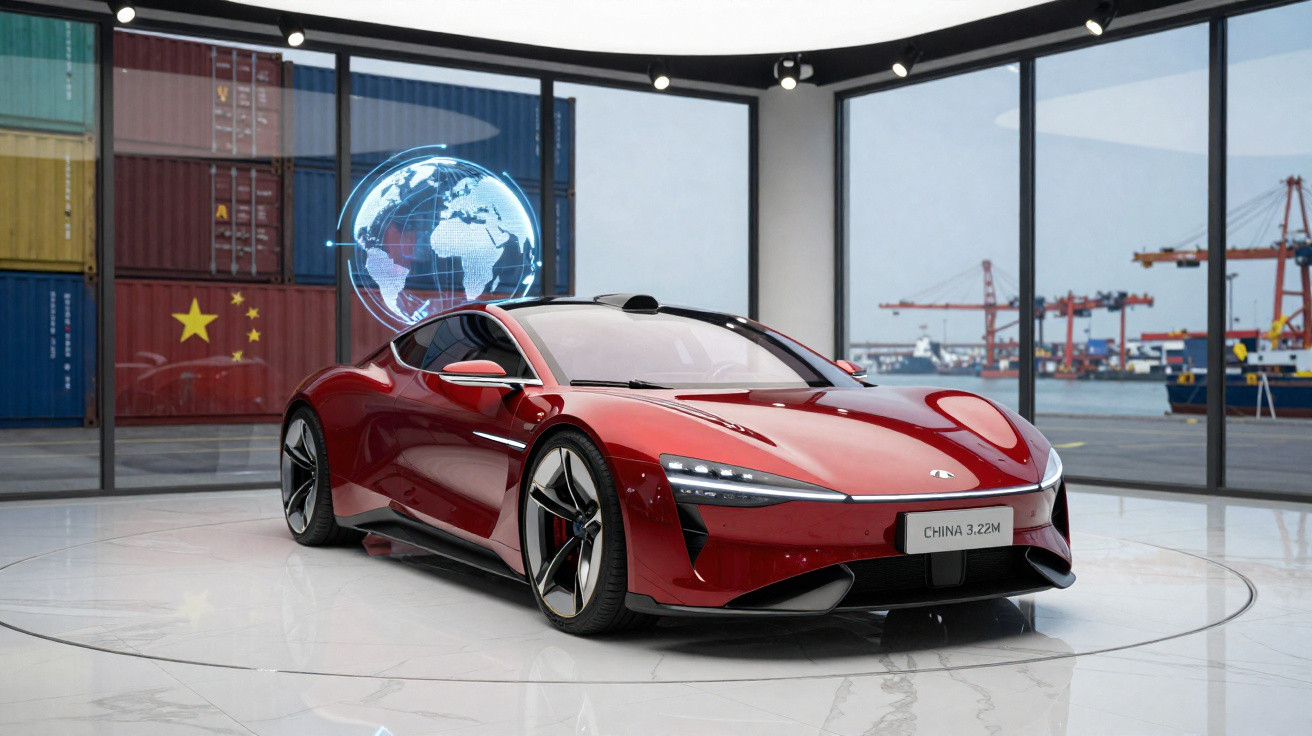 Carro esportivo vermelho em showroom moderno com contêineres e guindastes portuários ao fundo.