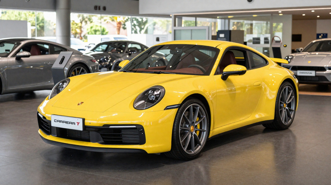 Carro esportivo Porsche Carrera T amarelo exibido em showroom com interior marrom.