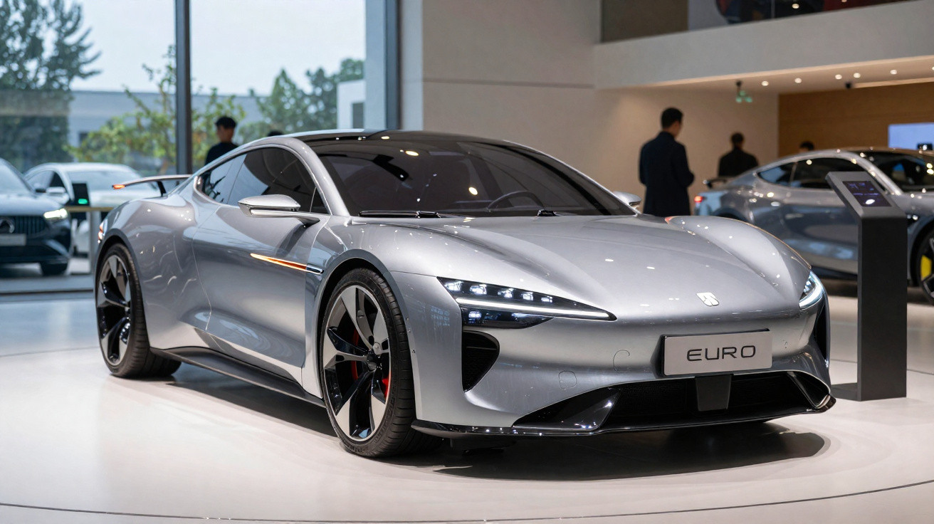 Carro esportivo elétrico prata Euro exposto em showroom moderno com iluminação suave.