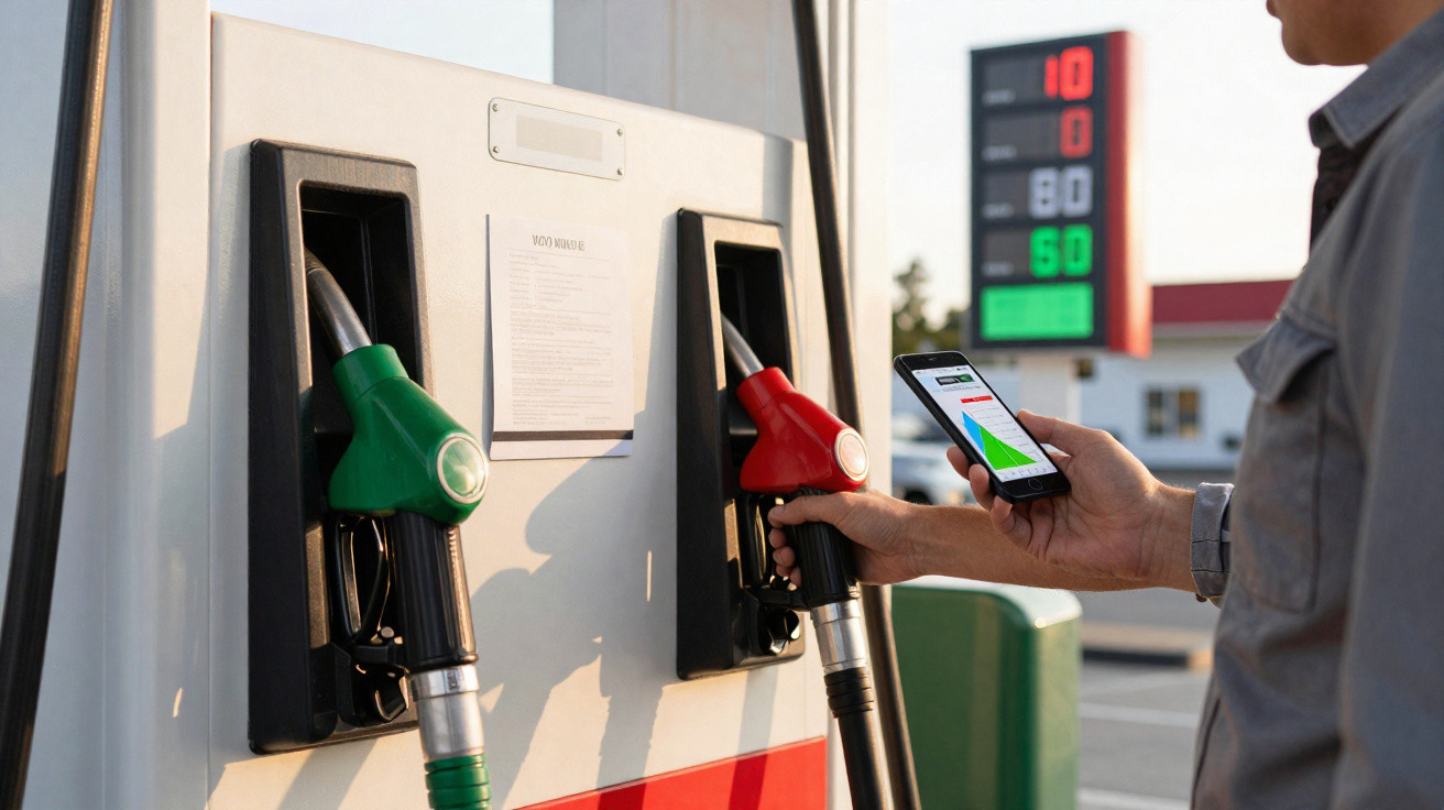Pessoa segurando bomba de combustível vermelha e usando celular em posto de gasolina ao entardecer.
