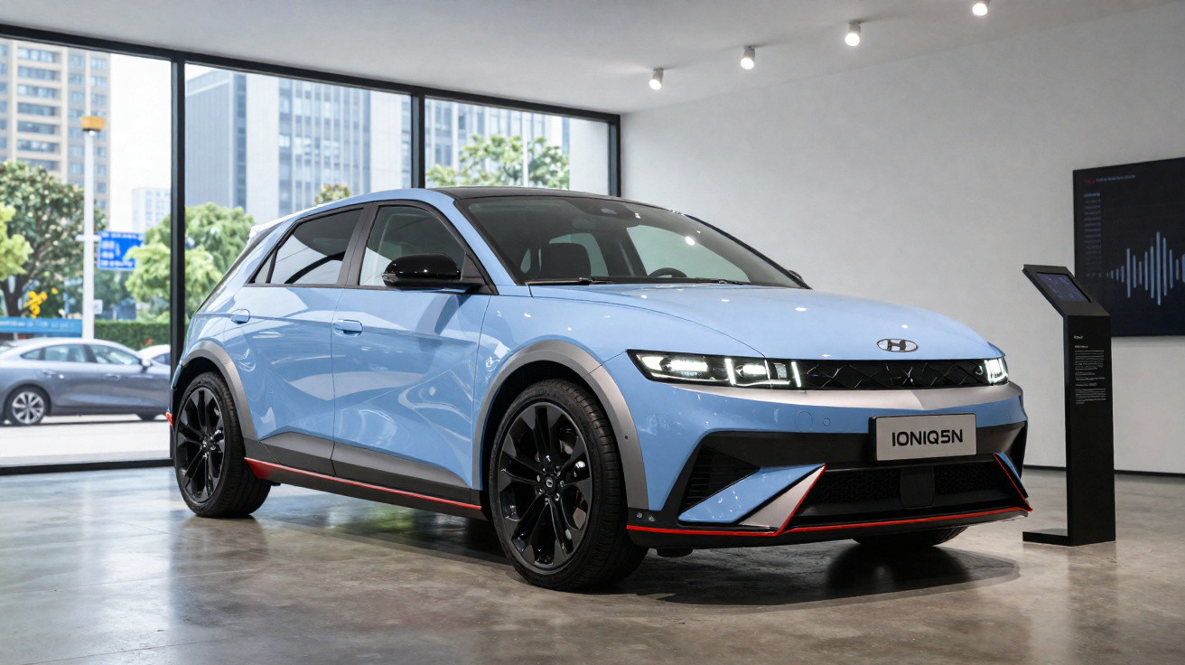 Carro elétrico Hyundai Ioniq 5 N azul exposto em showroom moderno com grandes janelas.