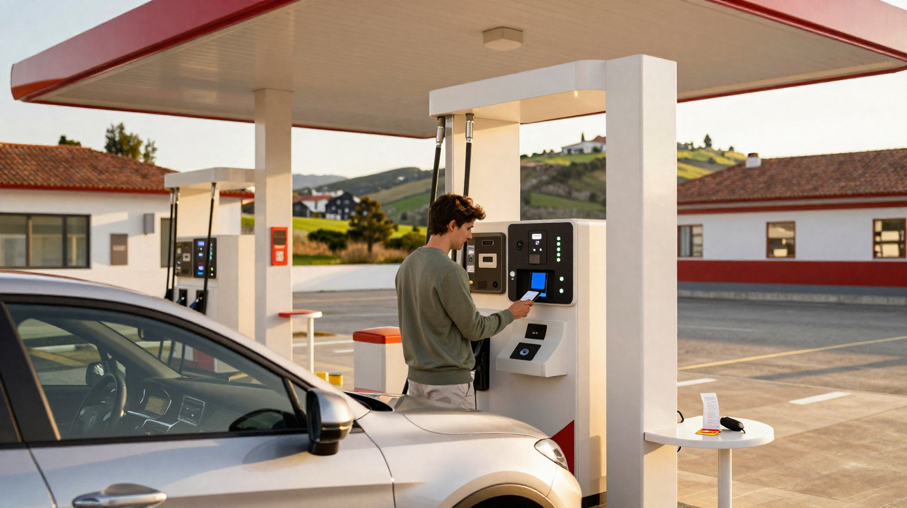 Homem usando celular para pagar em bomba de combustível em posto de gasolina ao ar livre.