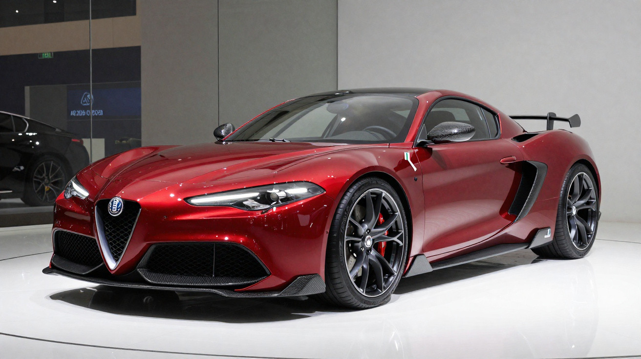 Carro esportivo vermelho Alfa Romeo com design aerodinâmico exposto em salão automotivo, vista lateral frontal.