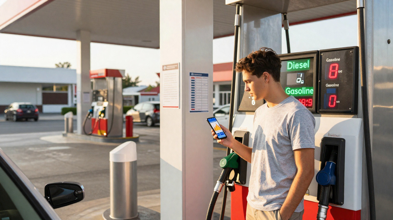 Homem em posto de gasolina segurando celular e bomba de combustível ao lado de carro preto.