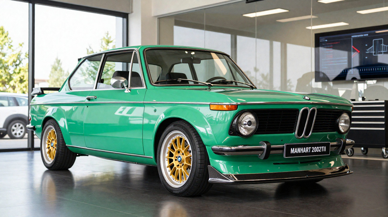 Carro esportivo clássico verde Manhart 2002TII com rodas douradas em ambiente interno moderno.