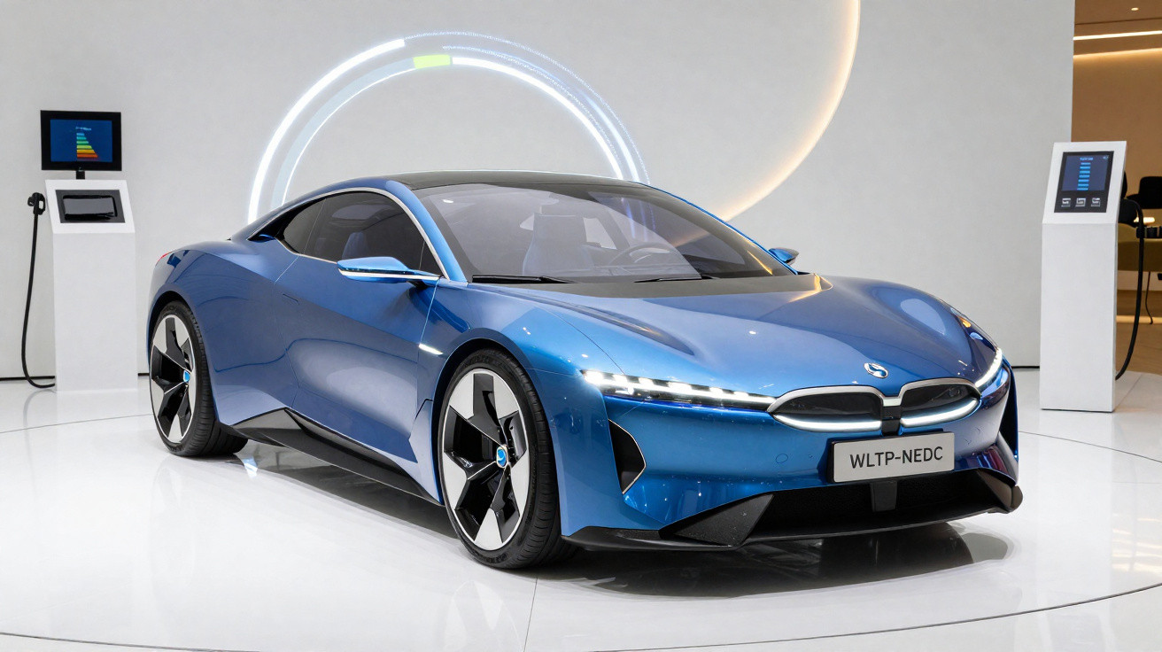 Carro esportivo elétrico azul BMW estacionado em exposição com máquinas de carregamento ao fundo.