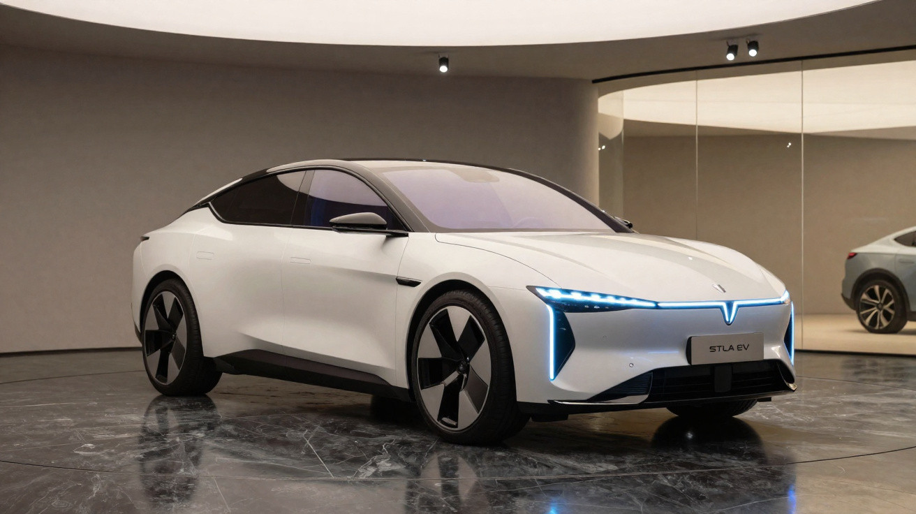 Carro elétrico branco estilizado em exposição, com design moderno e luzes dianteiras azuis.