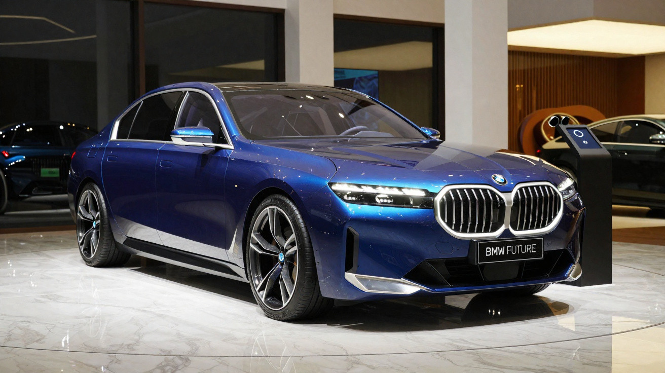 Carro BMW azul metálico modelo Future exposto em ambiente interno com piso de mármore.