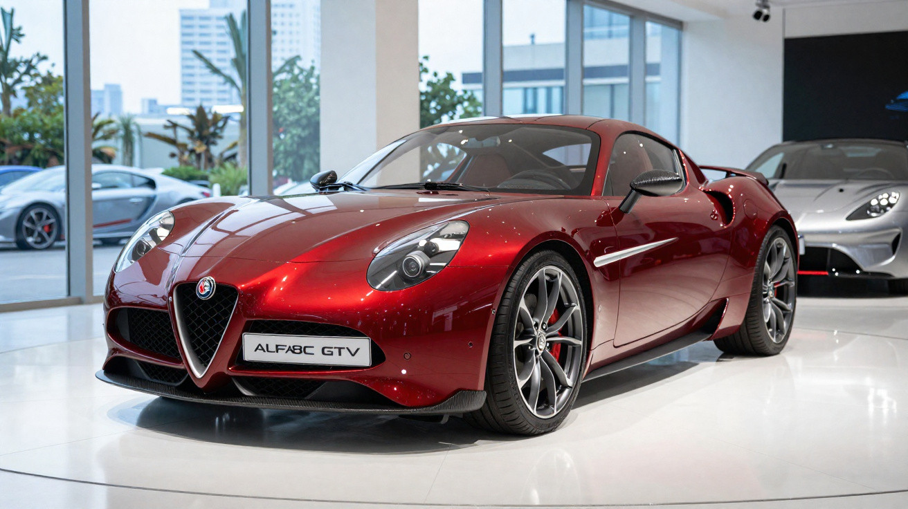 Carro esportivo Alfa Romeo vermelho brilhante modelo Alfasc GTV em showroom moderno com janelas amplas.