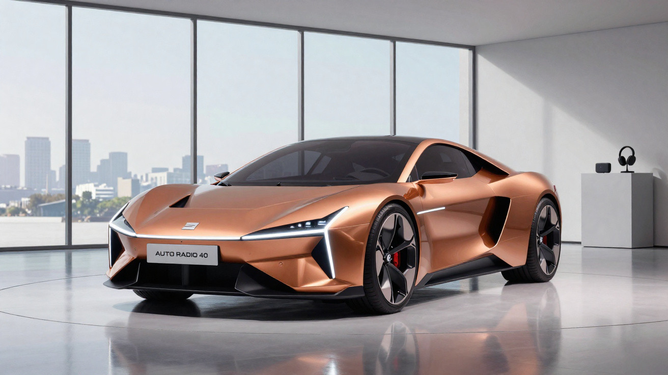 Carro esportivo elétrico bronze com design futurista em salão de exposições moderno com vista para a cidade.