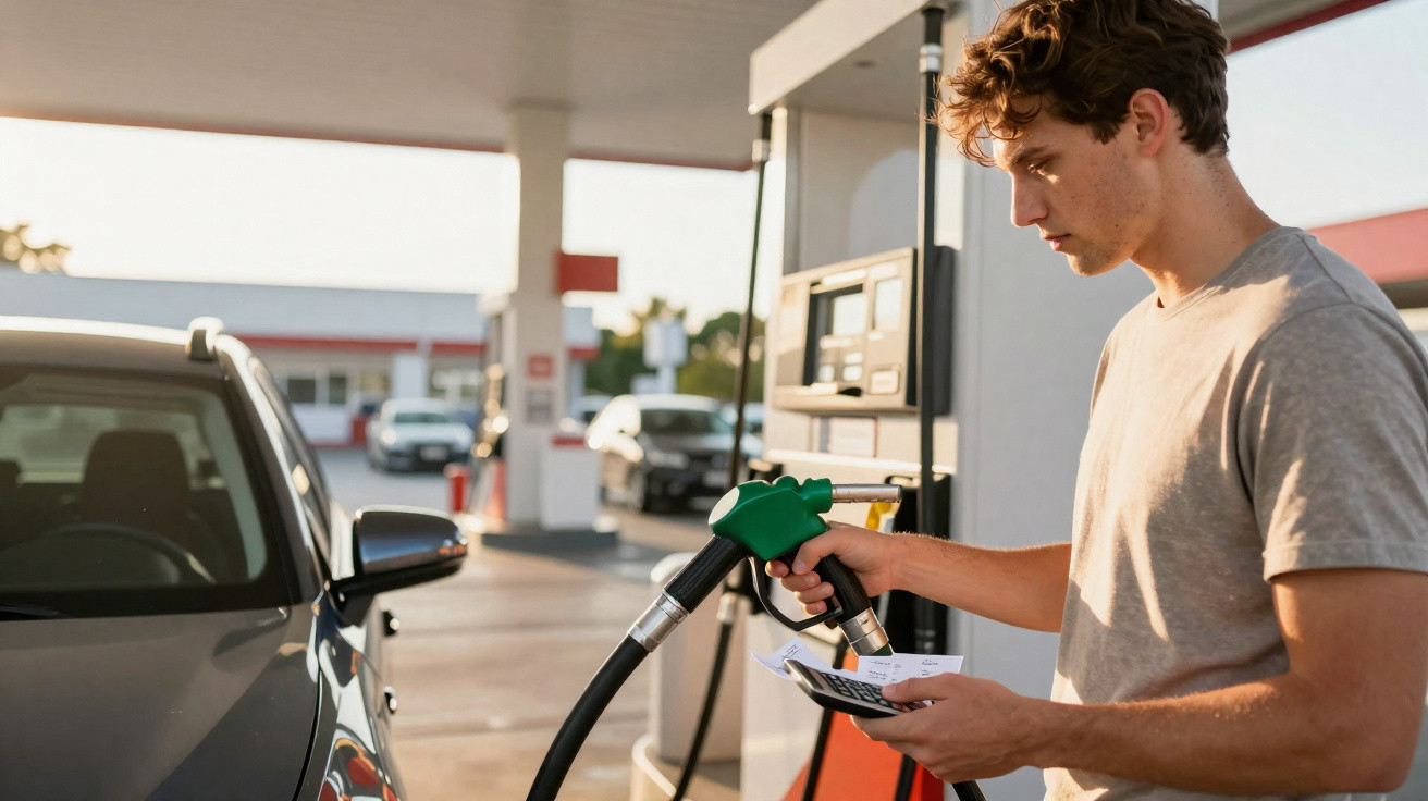 Homem com regador de combustível abastecendo carro enquanto consulta anotações em posto de gasolina.