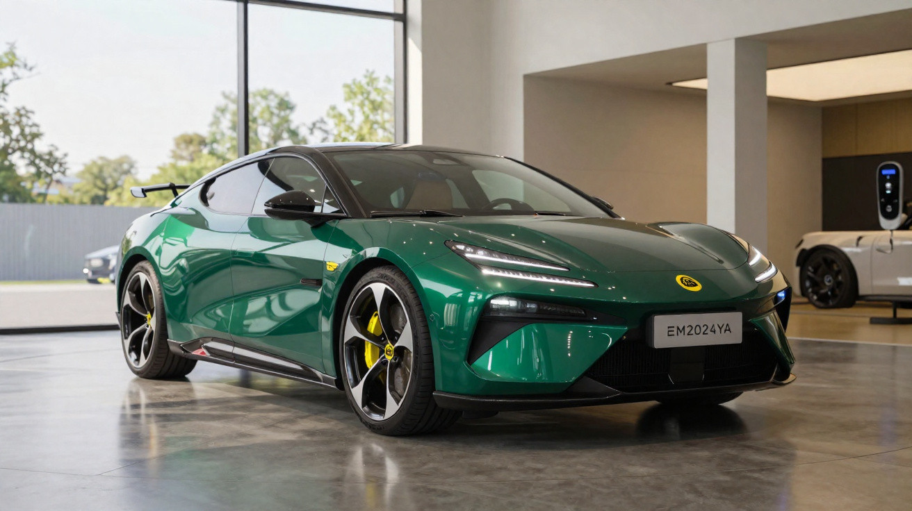 Carro esportivo elétrico verde com detalhes pretos e amarelos, em showroom moderno com piso de concreto.