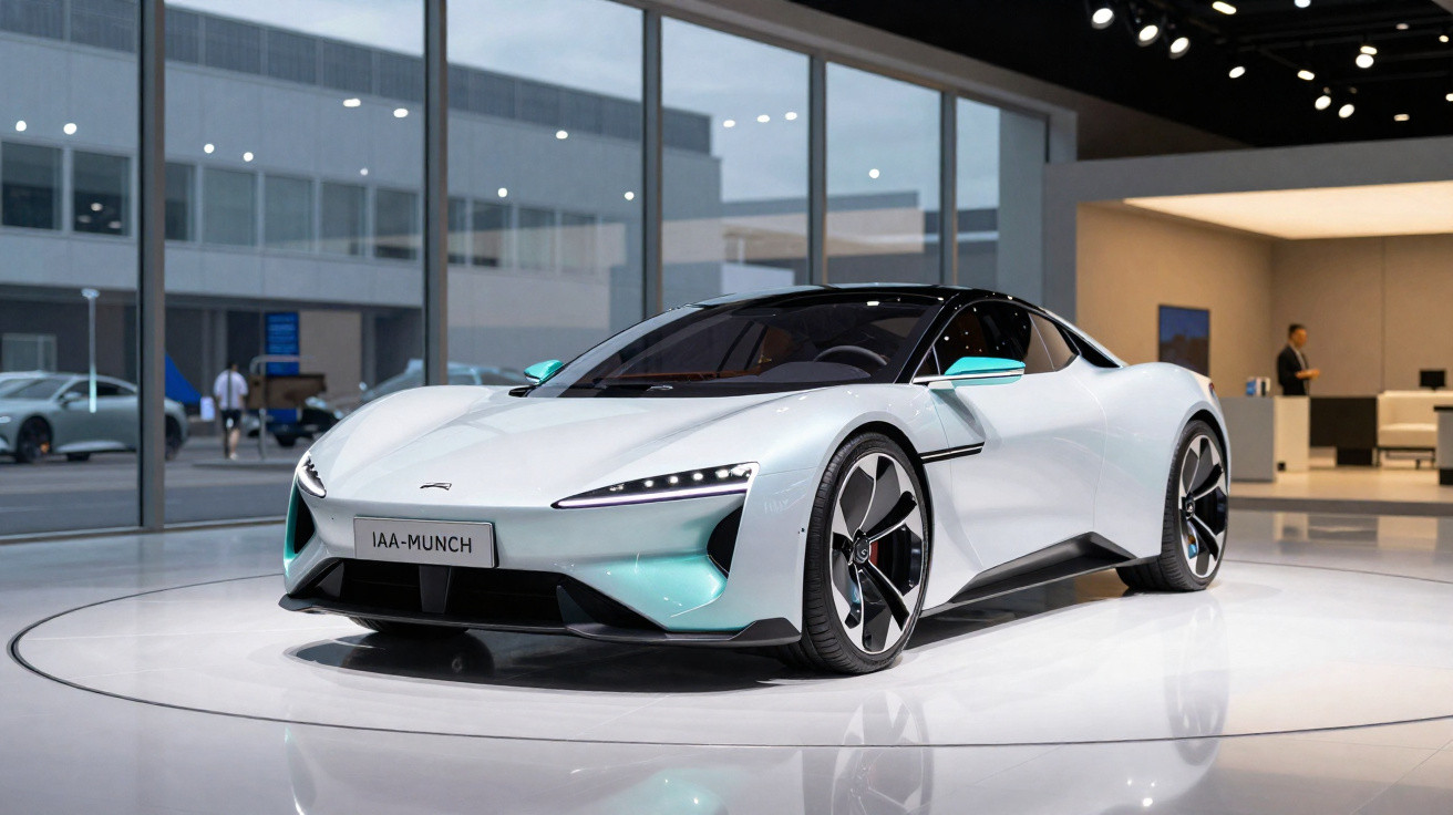 Carro esportivo branco com detalhes turquesa exibido em estande moderno com paredes de vidro.