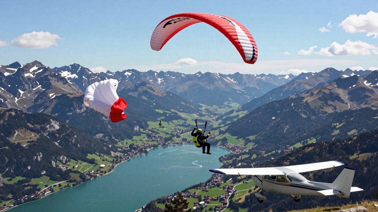 Paraglider e avião sobrevoando lago e montanhas com vales verdes e céu azul com poucas nuvens.