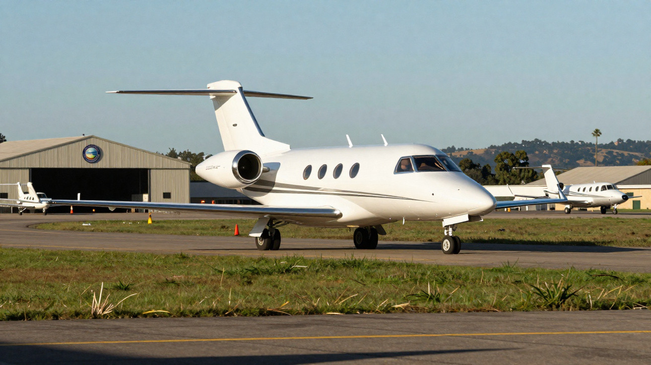 Avião particular branco estacionado em pista de aeroporto com hangares ao fundo em dia claro.