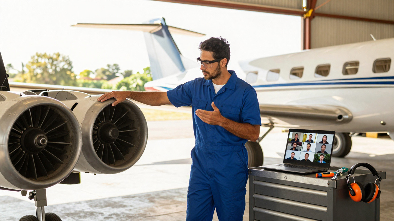 Homem em macacão azul inspeciona motor de avião enquanto participa de videoconferência ao lado.