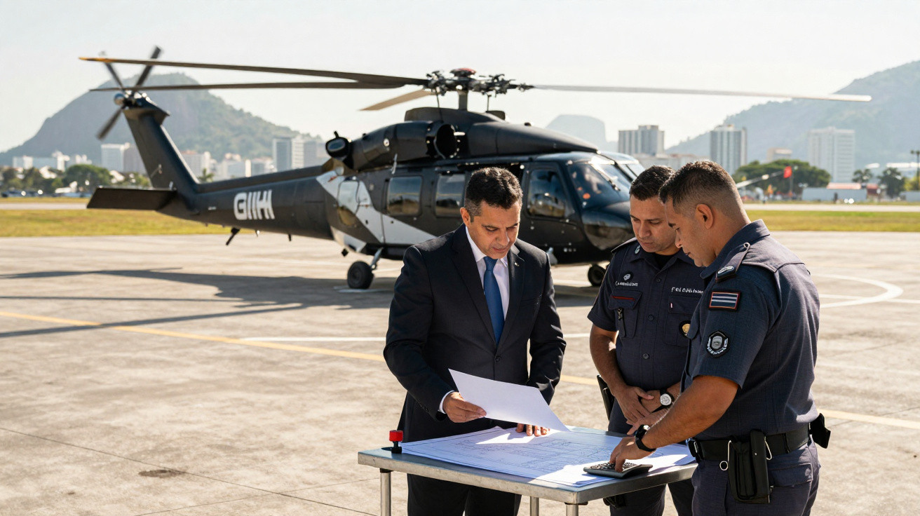 Três homens, dois em uniforme policial e um de terno, analisam documentos em mesa perto de helicóptero preto em heliponto.
